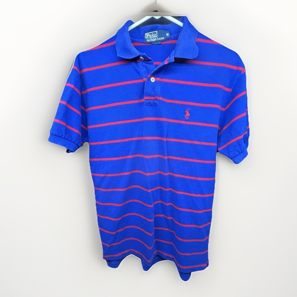 Ralph Lauren Polo Mens Shirt M Blue Red Stripe Short Sleeve Cotton 90s Vintage